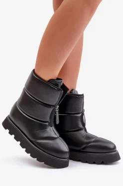 Śniegowce Na Platformie Z Zamkiem Eko Skórzane Czarne Resisia