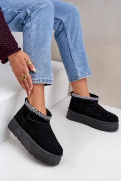 Śniegowce Na Platformie Z Ozdobnym Haftem Czarne Heslania