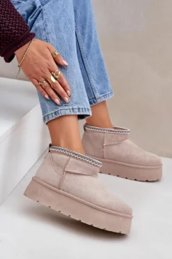 Śniegowce Na Platformie Z Ozdobnym Haftem Jasnobeżowe Heslania