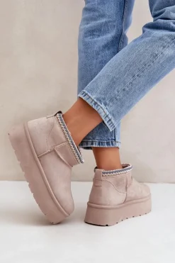 Śniegowce Na Platformie Z Ozdobnym Haftem Jasnobeżowe Heslania