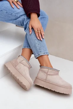 Śniegowce Na Platformie Z Ozdobnym Haftem Jasnobeżowe Heslania