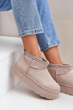 Śniegowce Na Platformie Z Ozdobnym Haftem Jasnobeżowe Heslania