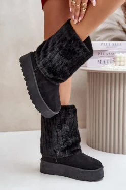 Śniegowce Na Platformie Z Wywiniętą Cholewką Czarne Lisonea