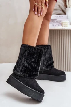 Śniegowce Na Platformie Z Wywiniętą Cholewką Czarne Lisonea