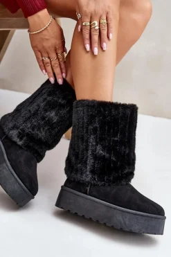 Śniegowce Na Platformie Z Wywiniętą Cholewką Czarne Lisonea