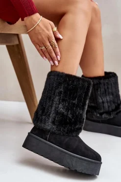 Śniegowce Na Platformie Z Wywiniętą Cholewką Czarne Lisonea