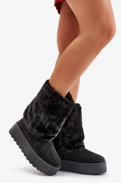 Śniegowce Na Platformie Z Wywiniętą Cholewką Czarne Lisonea