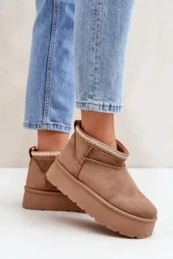 Śniegowce Na Platformie Z Ozdobnym Haftem Brązowe Heslania