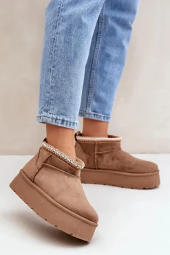 Śniegowce Na Platformie Z Ozdobnym Haftem Brązowe Heslania