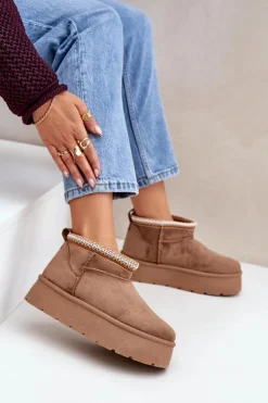 Śniegowce Na Platformie Z Ozdobnym Haftem Brązowe Heslania