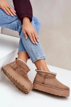 Śniegowce Na Platformie Z Ozdobnym Haftem Brązowe Heslania