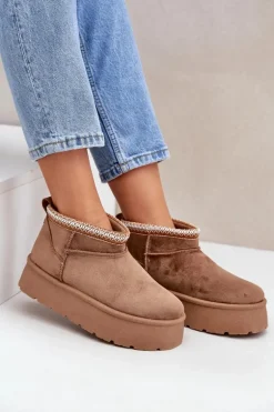 Śniegowce Na Platformie Z Ozdobnym Haftem Brązowe Heslania