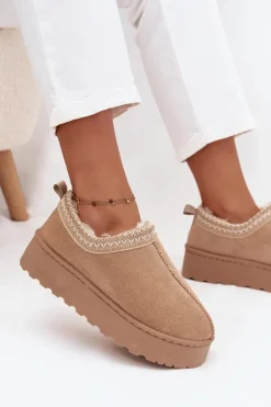 Śniegowce Niskie Damskie Z Haftem Na Platformie Beżowe Taliah