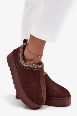 Śniegowce Niskie Damskie Z Haftem Na Platformie Czekoladowe Taliah