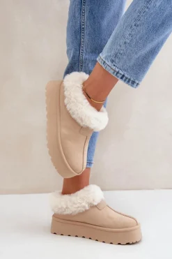 Śniegowce Z Niską Cholewką Z Futerkiem Na Platformie Eko Zamszowe Jasnobeżowe Neathoria