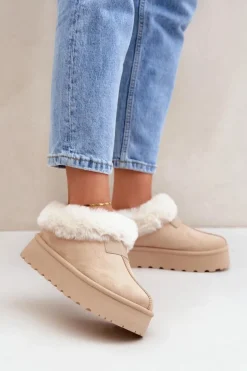 Śniegowce Z Niską Cholewką Z Futerkiem Na Platformie Eko Zamszowe Jasnobeżowe Neathoria