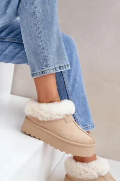 Śniegowce Z Niską Cholewką Z Futerkiem Na Platformie Eko Zamszowe Jasnobeżowe Neathoria