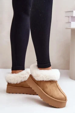 Śniegowce Z Niską Cholewką Z Futerkiem Na Platformie Eko Zamszowe Camel Neathoria