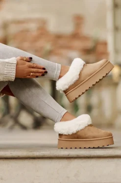 Śniegowce Z Niską Cholewką Z Futerkiem Na Platformie Eko Zamszowe Camel Neathoria