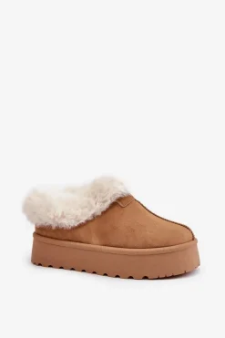 Śniegowce Z Niską Cholewką Z Futerkiem Na Platformie Eko Zamszowe Camel Neathoria