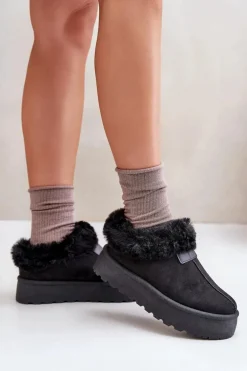 Śniegowce Z Niską Cholewką Z Futerkiem Na Platformie Eko Zamszowe Czarne Neathoria