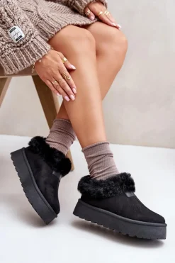 Śniegowce Z Niską Cholewką Z Futerkiem Na Platformie Eko Zamszowe Czarne Neathoria