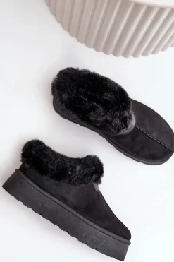 Śniegowce Z Niską Cholewką Z Futerkiem Na Platformie Eko Zamszowe Czarne Neathoria