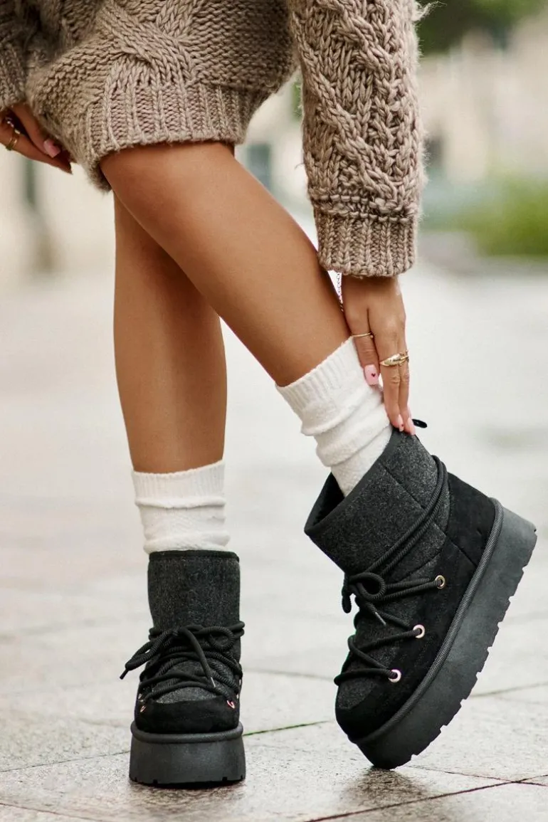 Śniegowce Z Wiązaniem Na Platformie Czarne Mavora