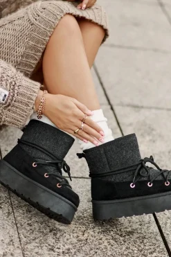 Śniegowce Z Wiązaniem Na Platformie Czarne Mavora