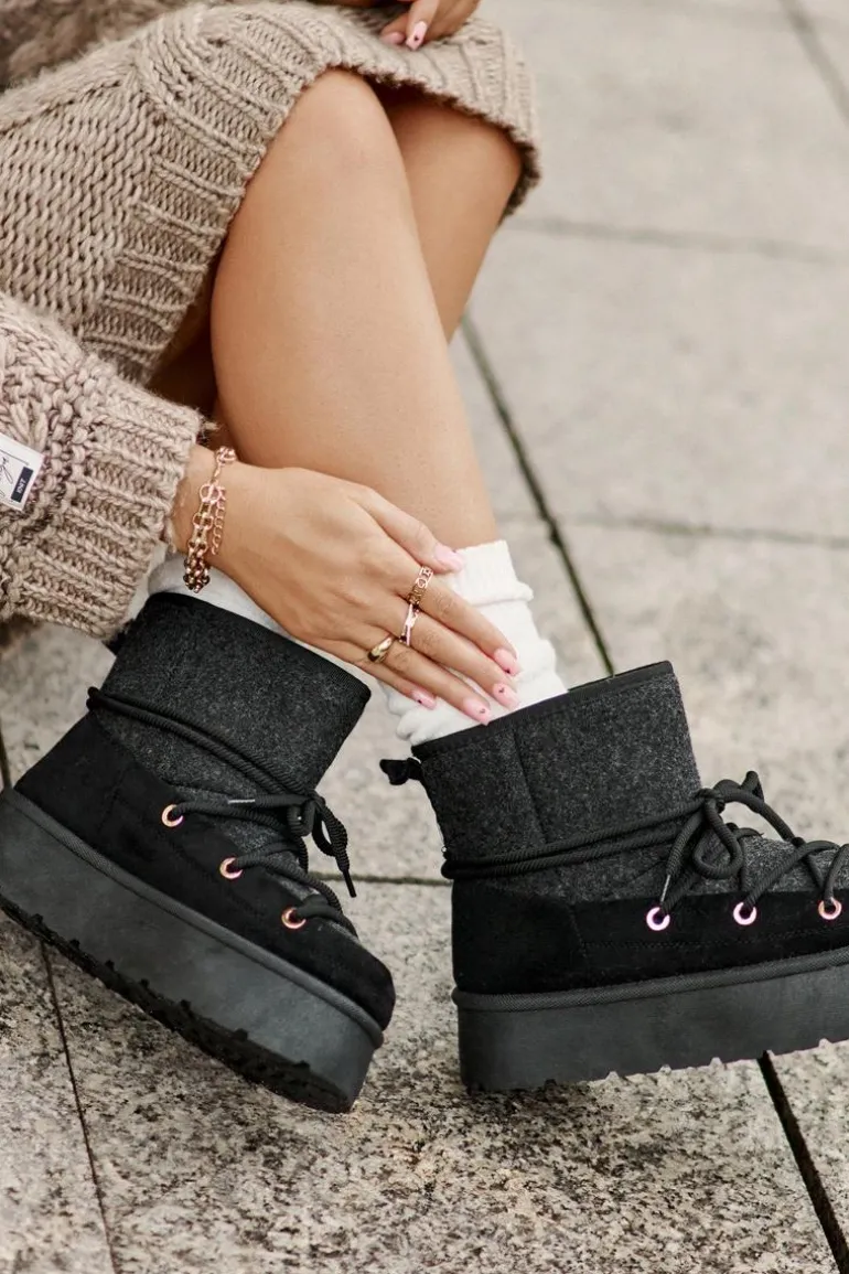 Śniegowce Z Wiązaniem Na Platformie Czarne Mavora