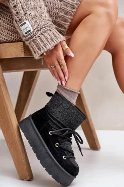 Śniegowce Z Wiązaniem Na Platformie Czarne Mavora