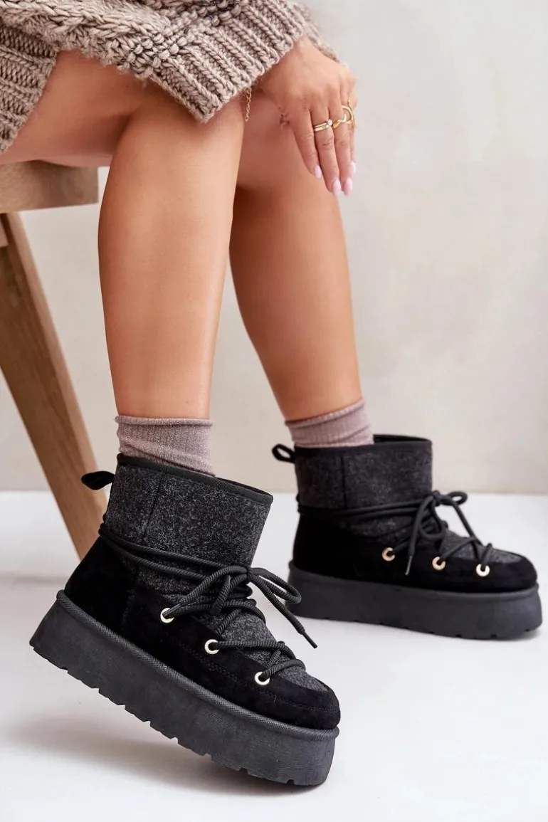 Śniegowce Z Wiązaniem Na Platformie Czarne Mavora