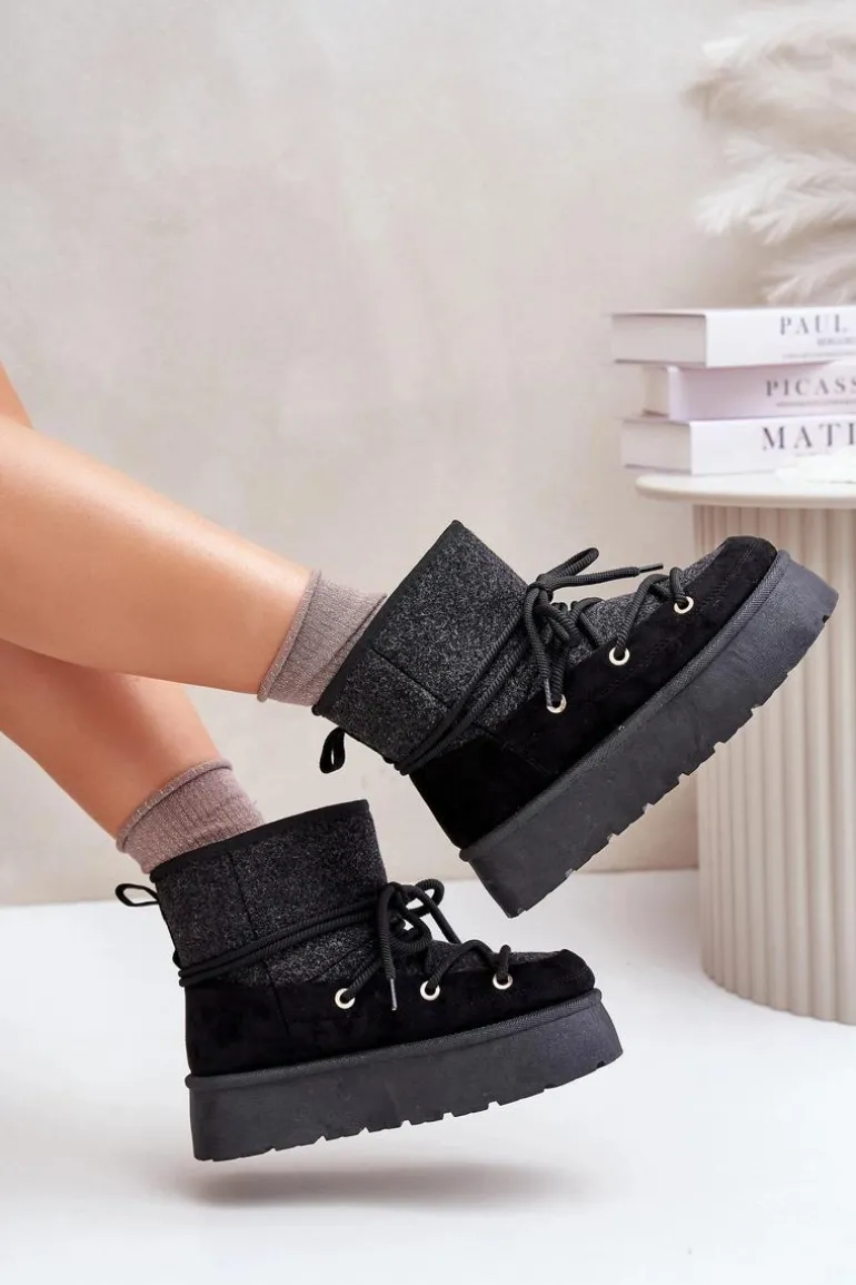 Śniegowce Z Wiązaniem Na Platformie Czarne Mavora