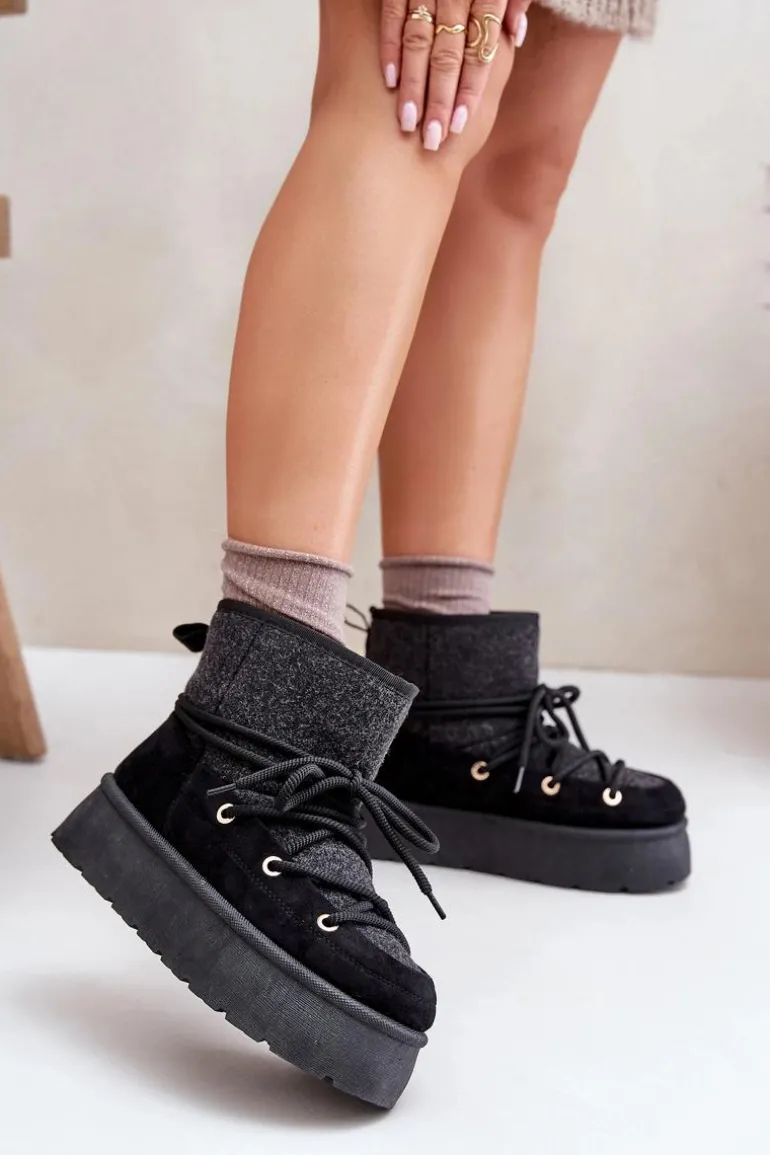 Śniegowce Z Wiązaniem Na Platformie Czarne Mavora