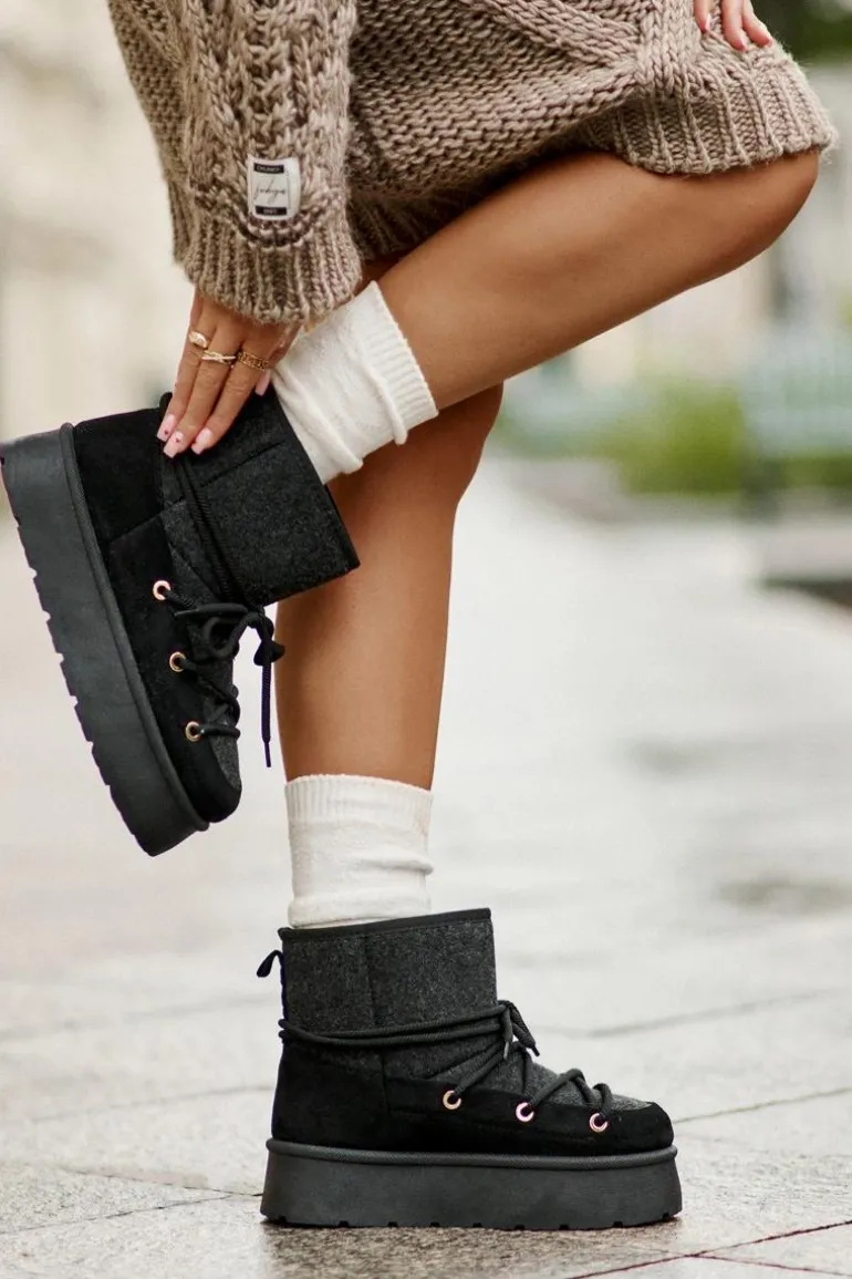 Śniegowce Z Wiązaniem Na Platformie Czarne Mavora