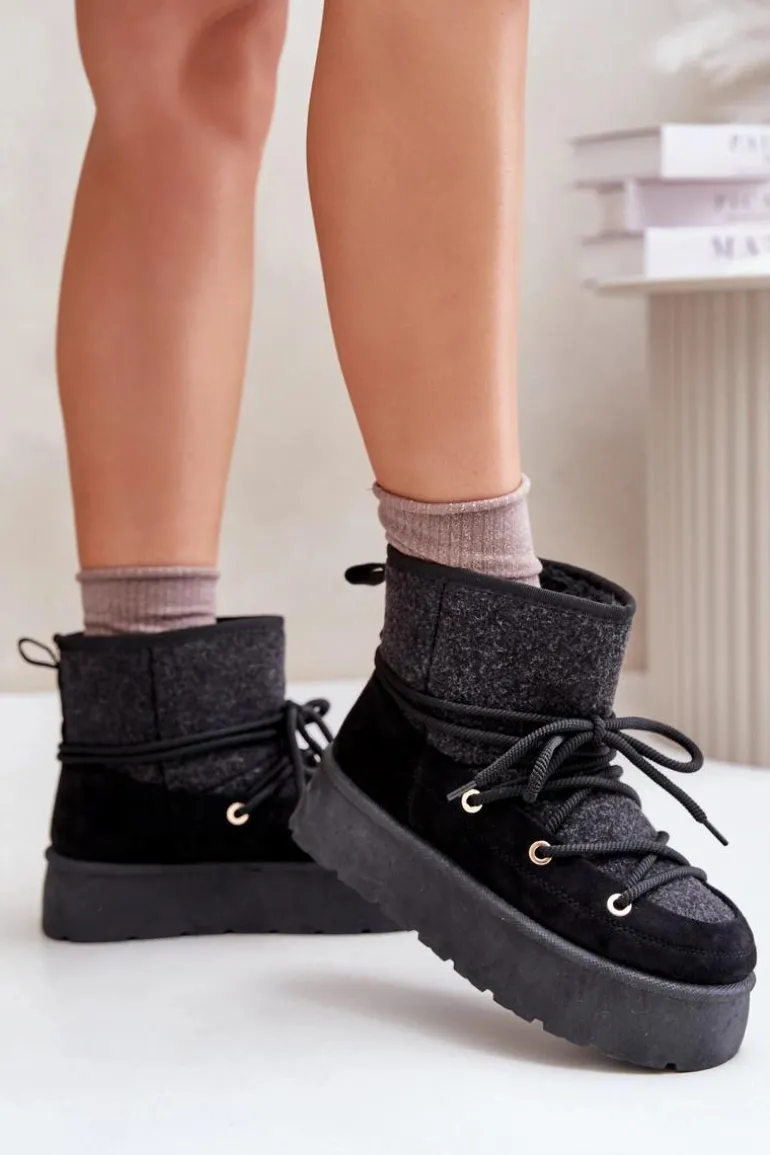 Śniegowce Z Wiązaniem Na Platformie Czarne Mavora