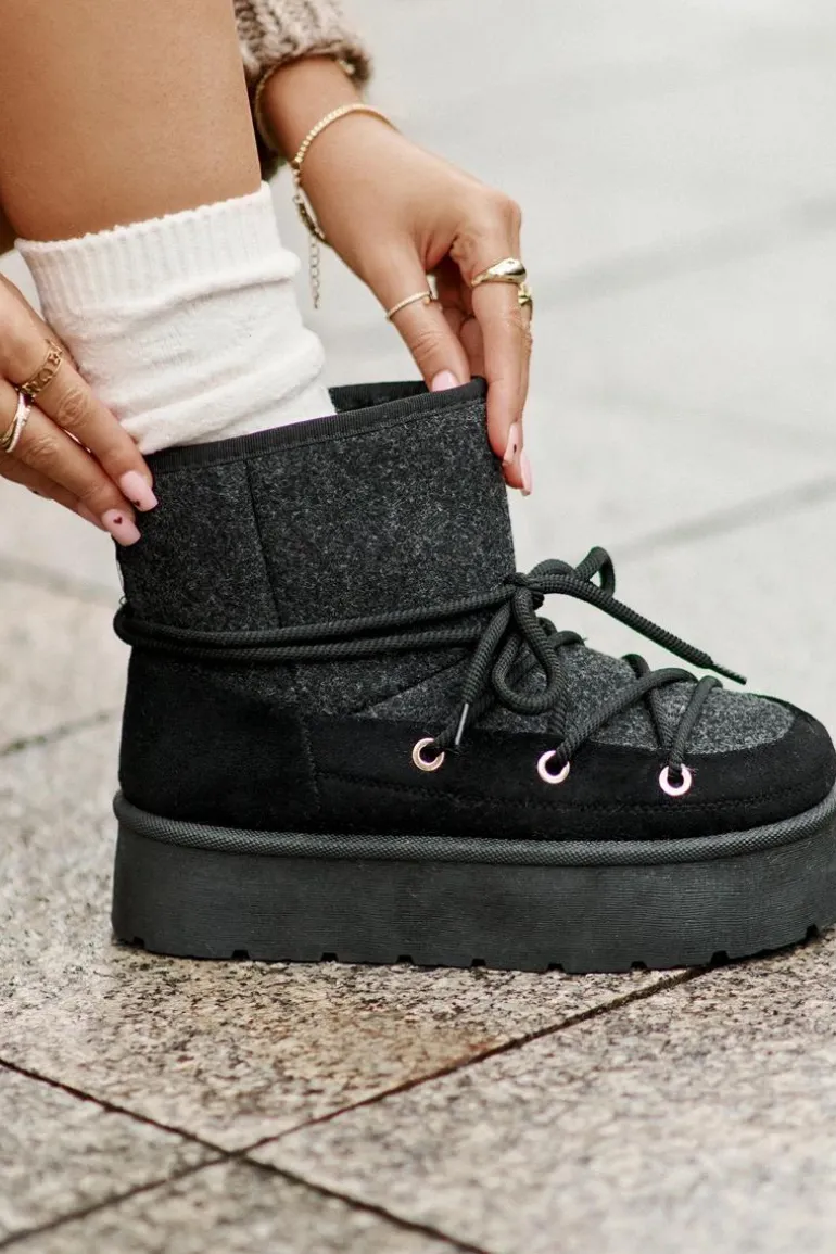 Śniegowce Z Wiązaniem Na Platformie Czarne Mavora