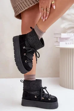 Śniegowce Z Wiązaniem Na Platformie Czarne Mavora