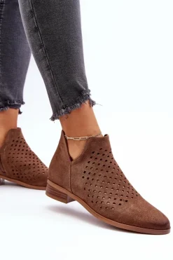 Niskie Botki Damskie Na Płaskim Obcasie Brązowe Janetris