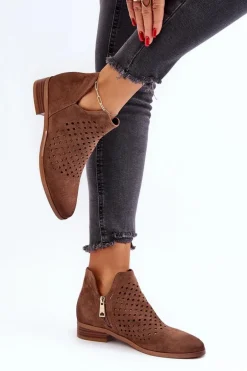 Niskie Botki Damskie Na Płaskim Obcasie Brązowe Janetris