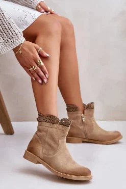 Niskie Botki Damskie Na Płaskim Obcasie Zamszowe Lewski 3624 Beżowe