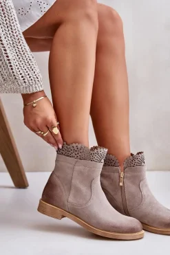 Niskie Botki Damskie Na Płaskim Obcasie Zamszowe Lewski 3624 Cappucino