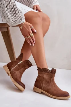 Niskie Botki Damskie Na Płaskim Obcasie Zamszowe Lewski 3624 Brązowe