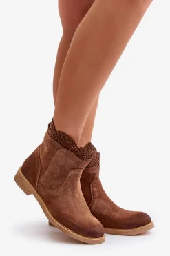 Niskie Botki Damskie Na Płaskim Obcasie Zamszowe Lewski 3624 Brązowe