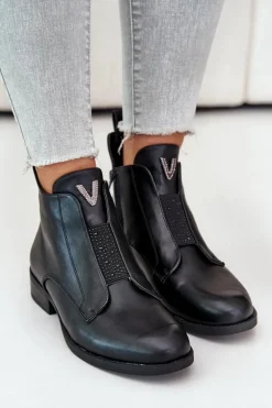 Niskie Botki Damskie Na Płaskim Obcasie Ocieplane Czarne S.Barski HY42-119 Czarne