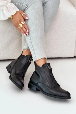 Niskie Botki Damskie Na Płaskim Obcasie Ocieplane Czarne S.Barski HY42-119 Czarne