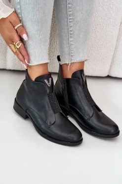 Niskie Botki Damskie Na Płaskim Obcasie Ocieplane Czarne S.Barski HY42-119 Czarne