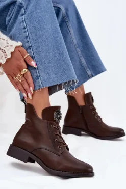 Niskie Botki Damskie Na Płaskim Obcasie Z Ozdobnym Detalem Ocieplane Brązowe Cylira