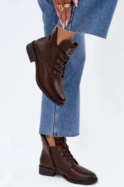 Niskie Botki Damskie Na Płaskim Obcasie Z Ozdobnym Detalem Ocieplane Brązowe Cylira