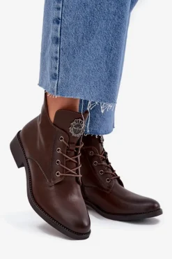 Niskie Botki Damskie Na Płaskim Obcasie Z Ozdobnym Detalem Ocieplane Brązowe Cylira